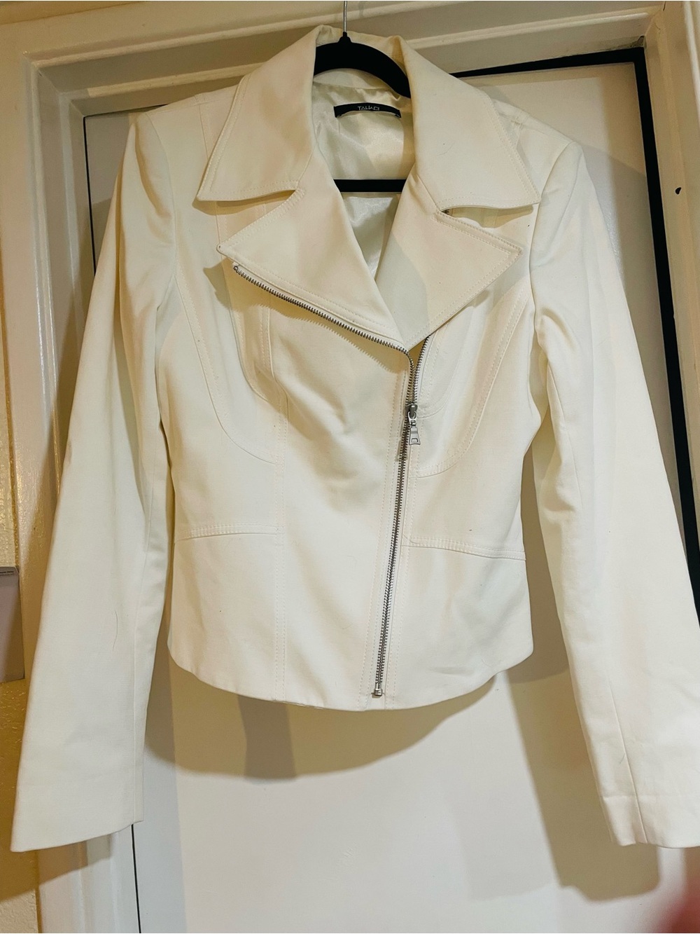 Tahari Cream Asymmetrical Zip Leather Jacket